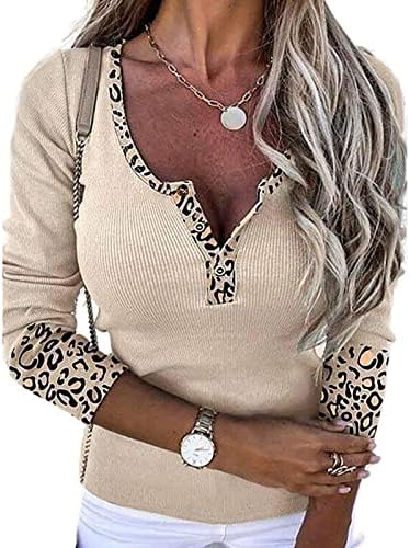 Kadın Yeni Leopar Ekleme V Yaka Triko Düğme Üst Kadın T Shirt