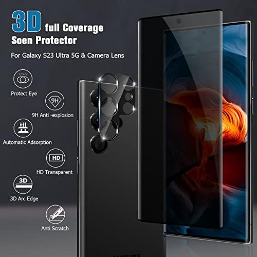 [1 + 2 Paket] Galaxy S23 Ultra Gizlilik Ekran Koruyucu Cam Kamera Lens Koruyucu, 3D Kavisli, Çizilmeye Dayanıklı,