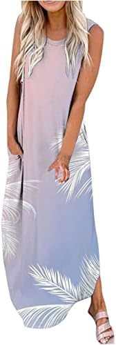Bayan Yaz Maxi Elbise Kolsuz Yuvarlak Boyun Rahat Gevşek uzun elbise Kravat Çiçek Plaj Elbiseleri Cepler ile