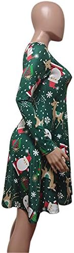 Andongnywell kadın Noel Baskı Yuvarlak Boyun Rahat Alevlendi Midi Elbise Noel Baskılı Salıncak Elbiseler Cepler ile