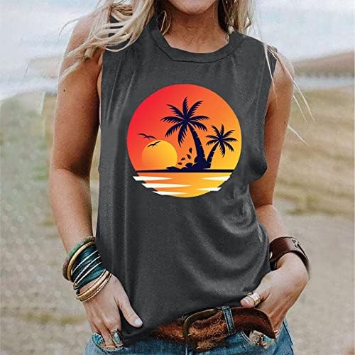 Kadın Yaz Plaj Günbatımı Hindistan Cevizi Ağaçları Gömlek Kolsuz Yuvarlak Boyun T-Shirt Casual Tees Tops