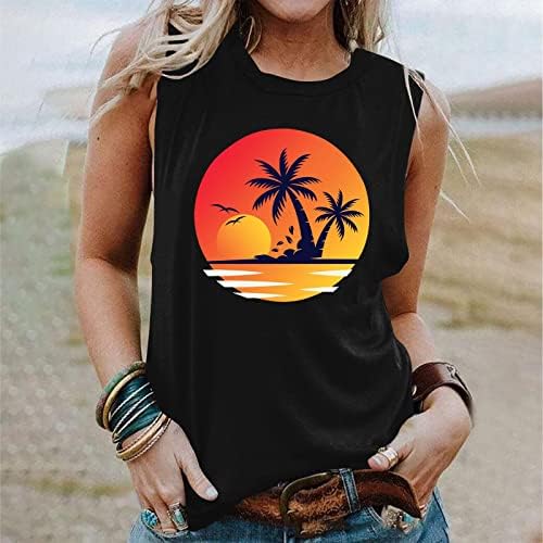 Kadın Yaz Plaj Günbatımı Hindistan Cevizi Ağaçları Gömlek Kolsuz Yuvarlak Boyun T-Shirt Casual Tees Tops