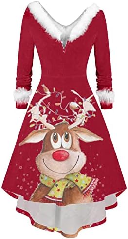 Sevimli Geyik Grafik Noel Elbise Bayan Uzun Kollu Kürklü V Boyun Akşam Parti Elbise Yüksek Düşük Kokteyl Noel Elbiseleri