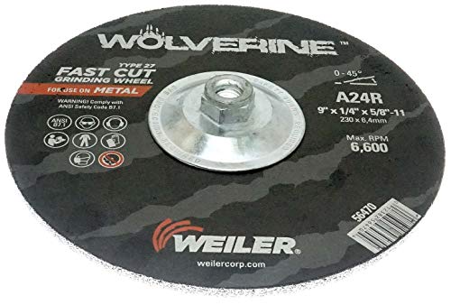 Weiler 56470 9 X 1/4 Wolverine Tip 27 Taşlama Tekerleği, A24R, 5/8 -11 Somun (10'lu Paket), Siyah