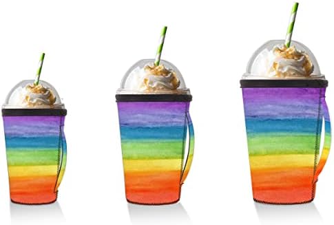 Soyut Sanat Renkli Şerit Gökkuşağı Kullanımlık Buzlu Kahve Kollu Kolu Neopren Fincan Kollu Soda, Latte, Çay, İçecekler,