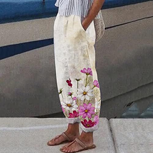 Rahat Keten pantolon Kadınlar için Vintage Çiçekli Baskı Tatil Palazzo dinlenme pantolonu Geniş Bacak Pamuk Keten