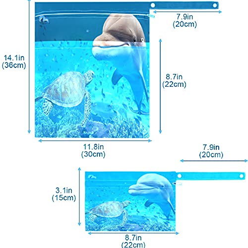 visesunny Kaplumbağa Yunus 3D baskı fermuarlı cepli 2 adet ıslak çanta Yıkanabilir kullanımlık Seyahat için geniş