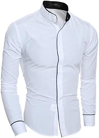 Erkek Standı Yaka Düğme Aşağı Gömlek Slim Fit Uzun Kollu Smokin Elbise Gömlek Casual Katı Düğme Oxford Gömlek
