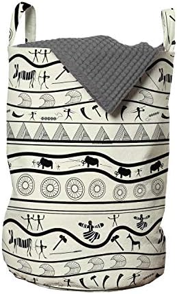 Lunarable Afrika Çamaşır Torbası, Mağara Resimlerinin Doodle Tarzı Kompozisyonu Avcılık Masalı Folkloru, Kulplu Sepet