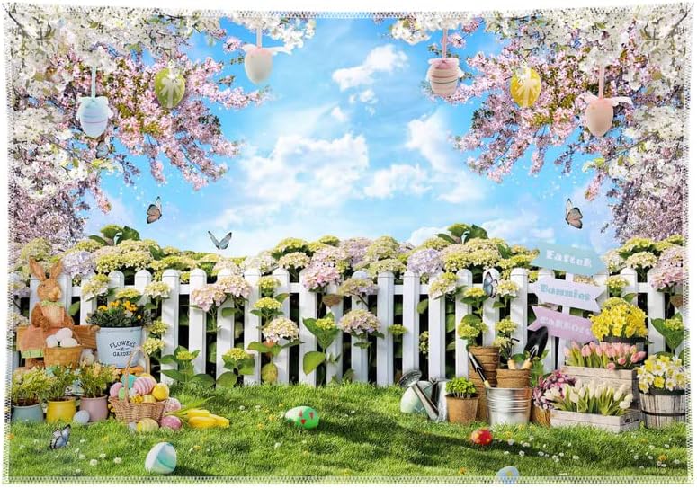 YCUCUEI 84x60 inç Bahar Fotoğraf Backdrop Paskalya Bahçe Çit Bunny Yumurta Çiçekler Arka Plan Çocuklar Parti Süslemeleri