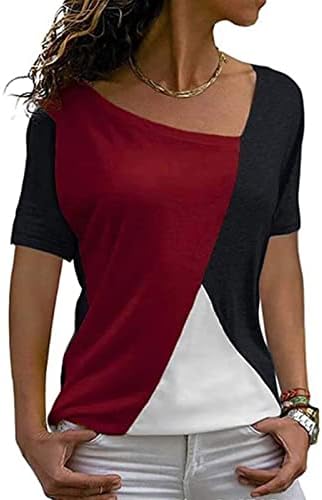Genç Kız Kısa Kollu Bluzlar Colorblock İnce Tunikler Bluz Kaşkorse Eğik Derin V Boyun Rahat Temel Bluzlar 2023 IC