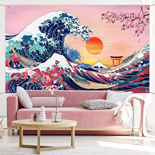 Okyanus Dalgası Goblen Japon Kanagawa Zemin Büyük Dalga Goblen Kiraz Çiçeği Doğa Günbatımı Arka Plan Duvar Asılı Afiş
