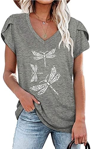 Bayan 2023 T Shirt Petal Kollu V Boyun Casual Tees Yaz Temel Üstleri Dragonfly Grafik Baskı Gömlek