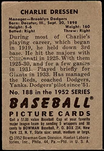 1952 Bowman Normal Beyzbol kartı188 Brooklyn Dodger'dan Charlie Dressen Derece iyi