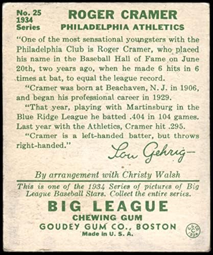 1934 Goudey 25 Roger Cramer Philadelphia Atletizm (Beyzbol Kartı) İYİ Atletizm