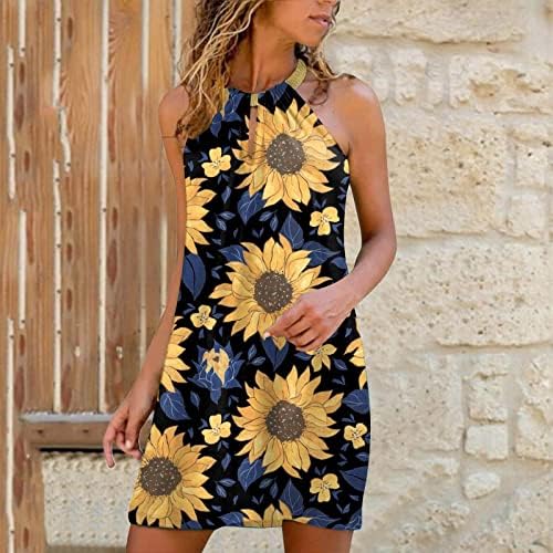 Kadınlar için rahat Yaz Tankı Elbiseler Kolsuz O Boyun Anahtar Deliği Plaj Sundress Gevşek Fit Trendy Flowy Mini Elbise