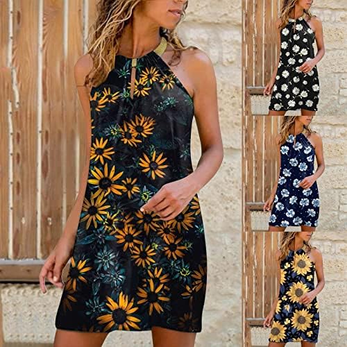 Kadınlar için rahat Yaz Tankı Elbiseler Kolsuz O Boyun Anahtar Deliği Plaj Sundress Gevşek Fit Trendy Flowy Mini Elbise