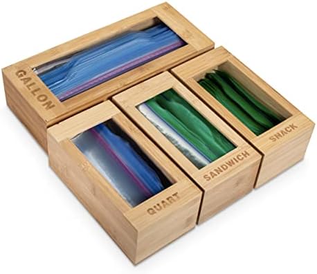 Çekmece için Plastik Torba Düzenleyici ve Sandviç Torbası Düzenleyici 4'lü Set-Bambu Kilitli Torba Düzenleyici-Çekmece