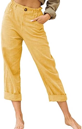 Keten Pantolon Kadınlar için Geniş Bacak Pantolon Yaz Rahat kapri pantolonlar Elastik Bel Rahat Gevşek Düğme Düz Bacak