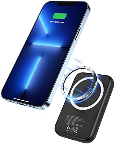 MYao Manyetik Kablosuz Güç Bankası, Parmak Tutuculu 5000mAh Mini Taşınabilir Şarj Cihazı, Pil Takımı USB C, iPhone