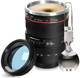 Fanatek Kamera Lens Kahve Kupa-12.5 oz,Yeniden Kullanılabilir Bardak Lens Kupalar + Katlanabilir Kaşık, Paslanmaz