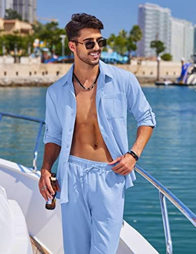 COOFANDY erkek 2 Parça Keten Setleri Rahat Uzun Kollu Düğme Aşağı Küba Gömlek ve Gevşek Pantolon Set Plaj Tatil Kıyafetler
