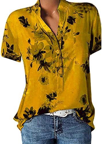 Yaz Artı Boyutu Bohemian Çiçek Baskı Düğmesi Gömlek V Yaka Kısa Kollu Üst Kazak Kadın T-Shirt Bluz