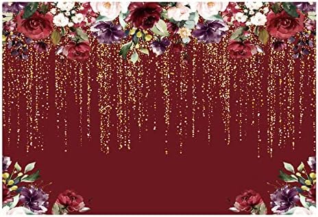 Funnytree 7x5ft Bordo Kırmızı Çiçekler Zemin Altın Glitter Çiçek Doğum Günü Partisi Fotoğraf Arka Plan Gelin Duş Düğün