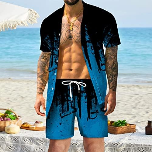 Bmısegm Erkek Takım Elbise Kollu Kısa Baskılı Düğmeli Yaz plaj şortu Rahat Erkek Bahar Rahat Gömlek Seti erkek Takım