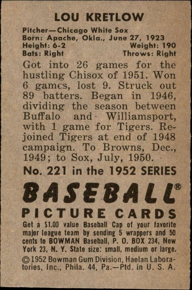 1952 Okçu 221 Lou Kretlow Chicago White Sox (Beyzbol Kartı) ESKİ White Sox