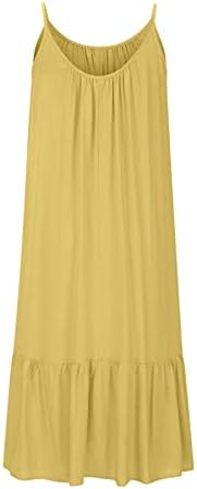 Kadınların Gündelik yaz elbisesi Düz Spagetti Kayışı Ekip Boyun Kolsuz Midi Dökümlü Plaj Elbisesi Cepli