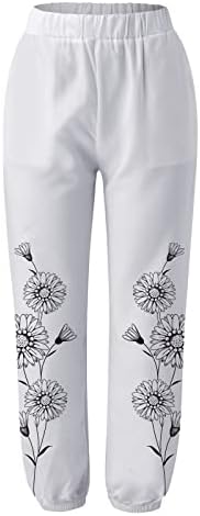 ZDFER kadın Yaz Çiçek Baskı Rahat Gevşek Pamuk Keten Pantolon Elastik Bel Konik Pantolon Sweatpants Cepler ile