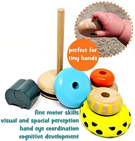 Fil Topper ile Orcamor Organik ahşap istifleme halkaları Oyuncak - Montessori Ahşap Gökkuşağı istifleme oyuncakları