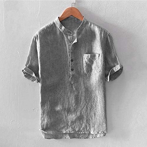 Erkek Baggy Şerit baskılı tişört Gömlek Pamuk Keten Kısa Kollu Düğme Standı Yaka Göğüs Cebi Gömlek Bluz Tops M-3XL