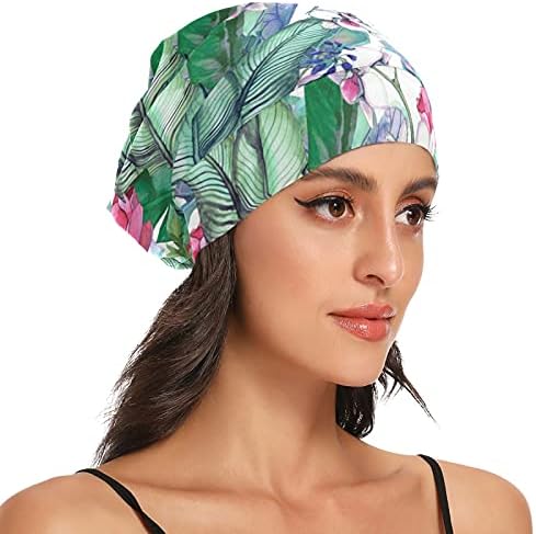 Bir Tohum İş Kap Uyku Şapka Bonnet Beanies Tropikal Çiçek Çiçekler Muz Yaprakları Kadınlar için Saç Şapkalar Gece