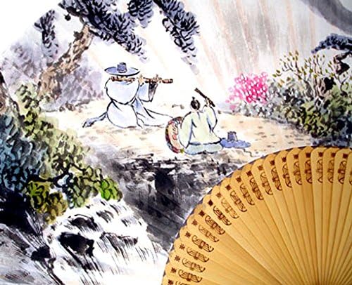 Antika Canlı El Boyalı Katlanır Boyama İki Müzisyenler Dağ Kore Dut Pirinç Beyaz Kağıt Bambu Sanat El Dekoratif Fan