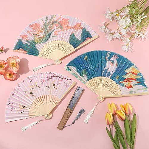 KINBOM Çin yelpaze, 4 adet Vintage Katlanır el fanı Çin Tarzı Bambu yelpazeler El Zarif Erik Çiçeği Phoenix Efsanevi
