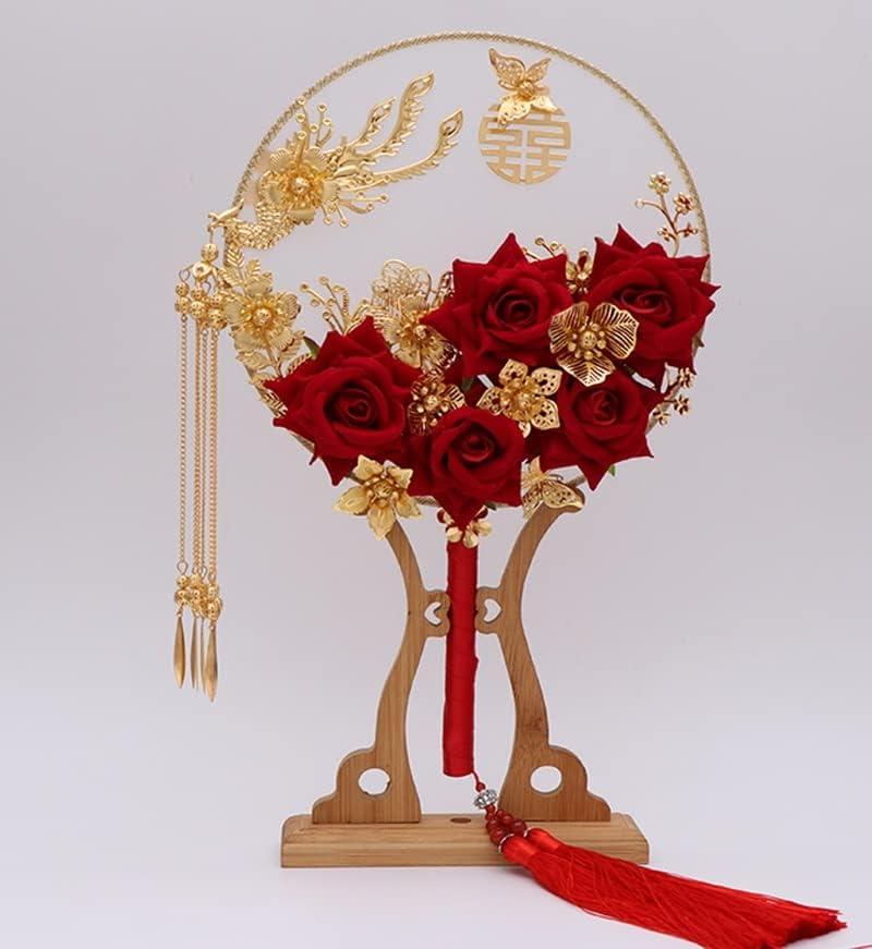 SXDS Çin Gelin Tutan Çiçekler Yuvarlak Fan Klasik Fan Gelin Buketleri Altın Phoenix Güller Gelinler El Aksesuarları