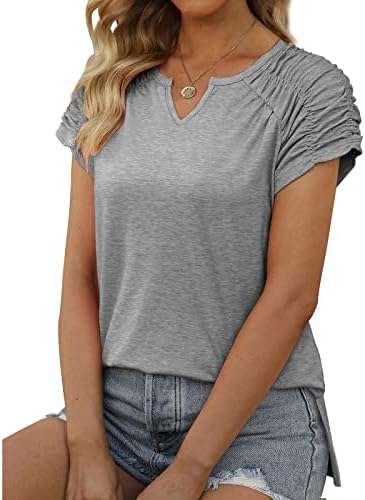 Kadın Yaz Üstleri Rahat V Boyun T Shirt Kısa Kollu Gömlek Gevşek Fit Flowy Katı Bluz