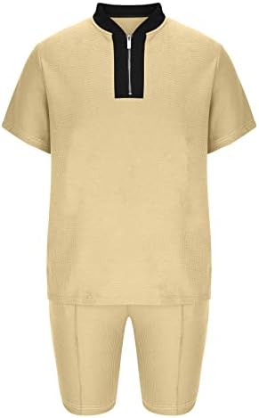 lulshou Eşofman Erkekler için T Shirt Seti İnce Kollu V Yaka Fermuar T Shirt Üst Şort Üst Şort Rahat Spor 2 Parça