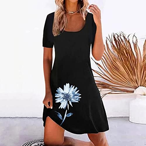 Scoop Boyun Tunik Elbise Kadınlar için Yaz günlük t-Shirt Elbiseler Kısa Kollu Basit Baskılı Plaj Kısa Elbise