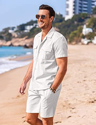 COOFANDY erkek 2 Parça Keten Setleri Kısa Kollu Düğme Yukarı Gömlek ve Şort Yaz Rahat Plaj Kıyafetleri