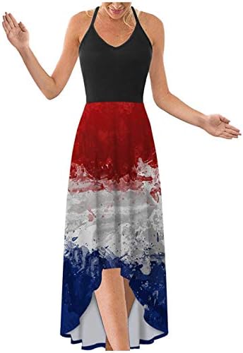 4th Temmuz Maxi Elbiseler Kadınlar için Rahat Yaz Boho Elbise ABD Bayrağı Scoop Boyun Cami Kolsuz Yıldız Çizgili Sundress