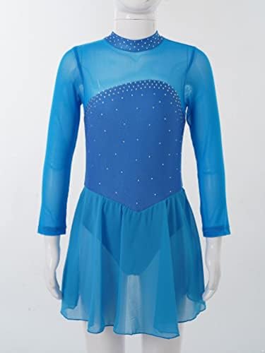 winying Çocuk Kız Rhinestones Mesh Eklenmiş Uzun Kollu Bale Jimnastik Leotard Şekil Buz Pateni Elbise Giyim