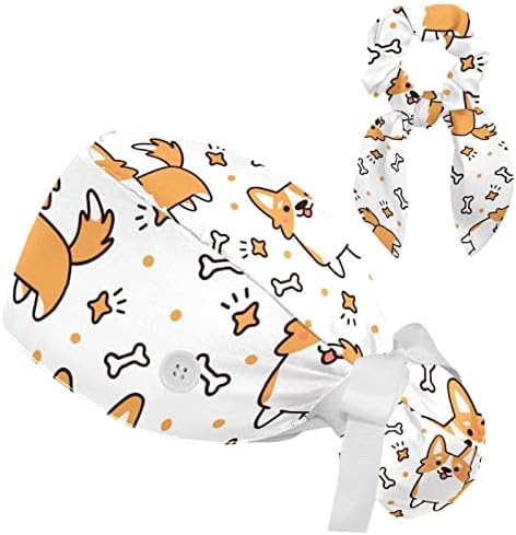 Ayarlanabilir çalışma Kapağı Güzel Corgi Köpekler Kemik Desen Kabarık Şapka Düğmeleri ile Fırçalayın Şapka Yay Saç