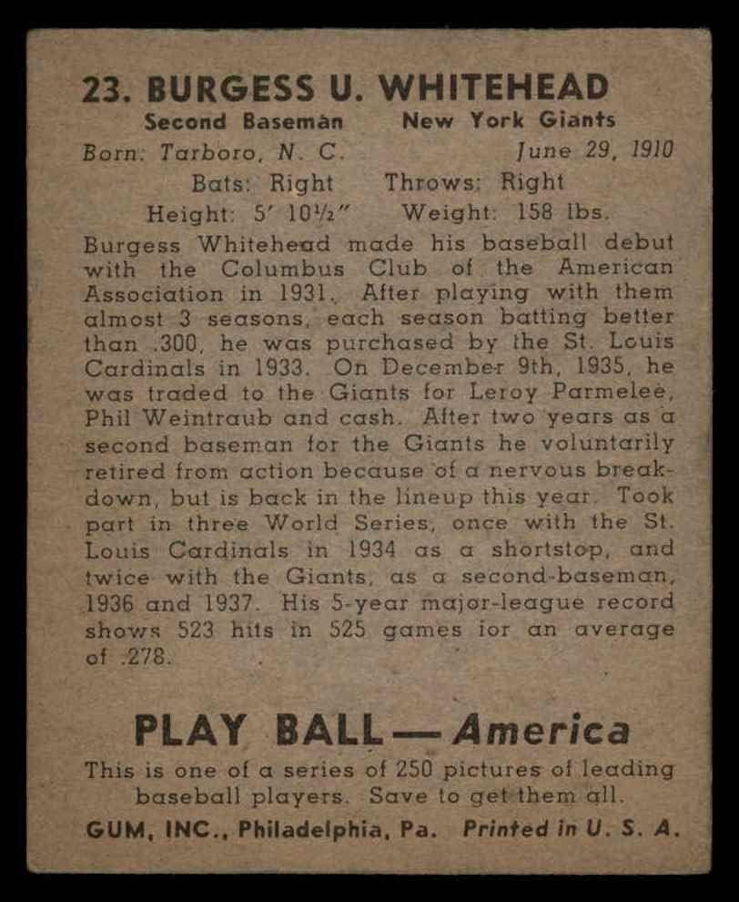 1939 Top Oyna 23 Burgess Whitehead New York Giants (Beyzbol Kartı) VG Giants