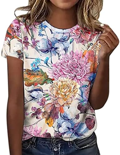 Yaz Bayan Kısa Kollu Ekip Boyun Çiçek Baskılı Üst T Shirt Casual Gömlek Tee Bayan Üstleri Kısa Kadın Rahat Tee A-Mavi