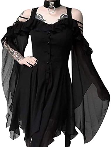 pbnbp Bayan Soğuk Omuz Gotik Elbiseler Gerdanlık Kelebek Kollu V Boyun Elbiseler Steampunk Cadılar Bayramı Mendil