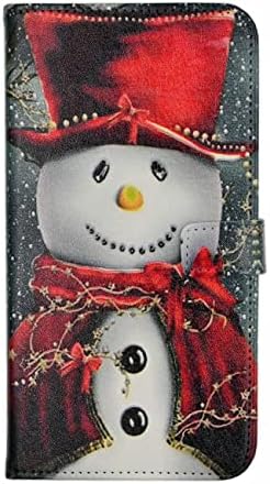 YHB Galaxy S10e Kılıf - Noel Gülümseyen Kardan Adam ile Kırmızı Eşarp ve silindir şapka deri cüzdan kredi kartı tutucu