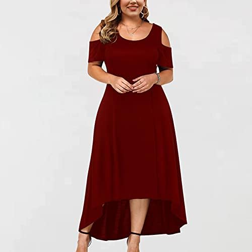 Kadın Artı Boyutu Yaz Maxi Elbiseler Soğuk Omuz Crewneck Akşam Parti Elbise Yüksek Düşük Hem Salıncak uzun elbise